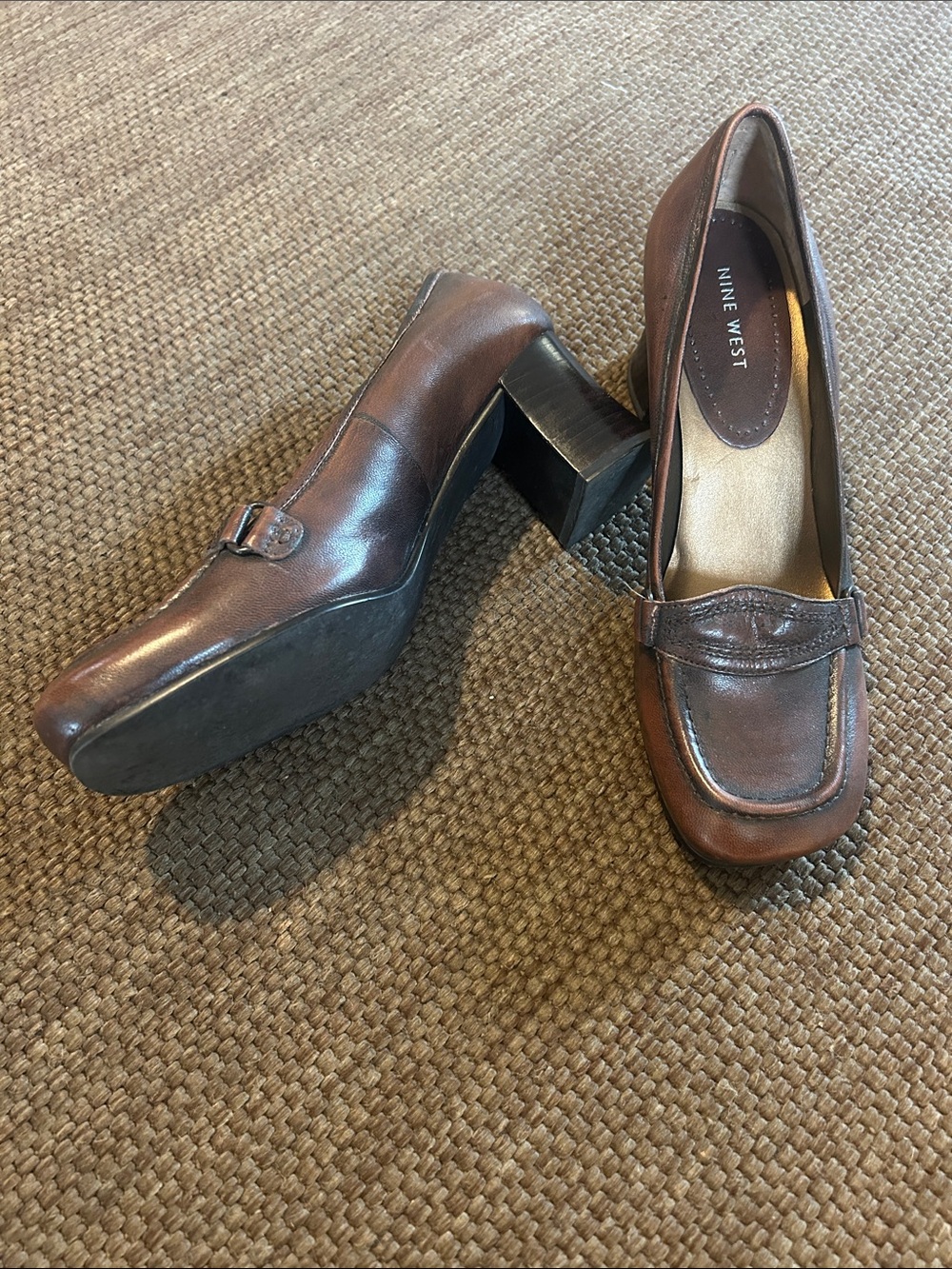 Nine West Brown Leather Block Heel Loafers with Buckle Detail